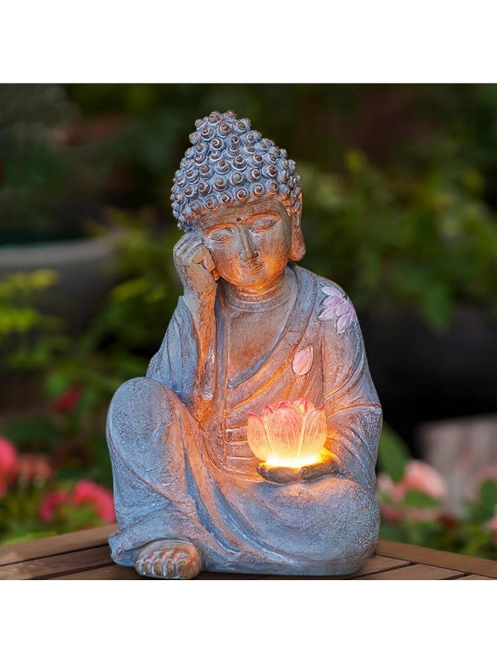 Outdoor Buddha Statue with Solar Lotus Light, 11.8" Waterproof Zen Decor for